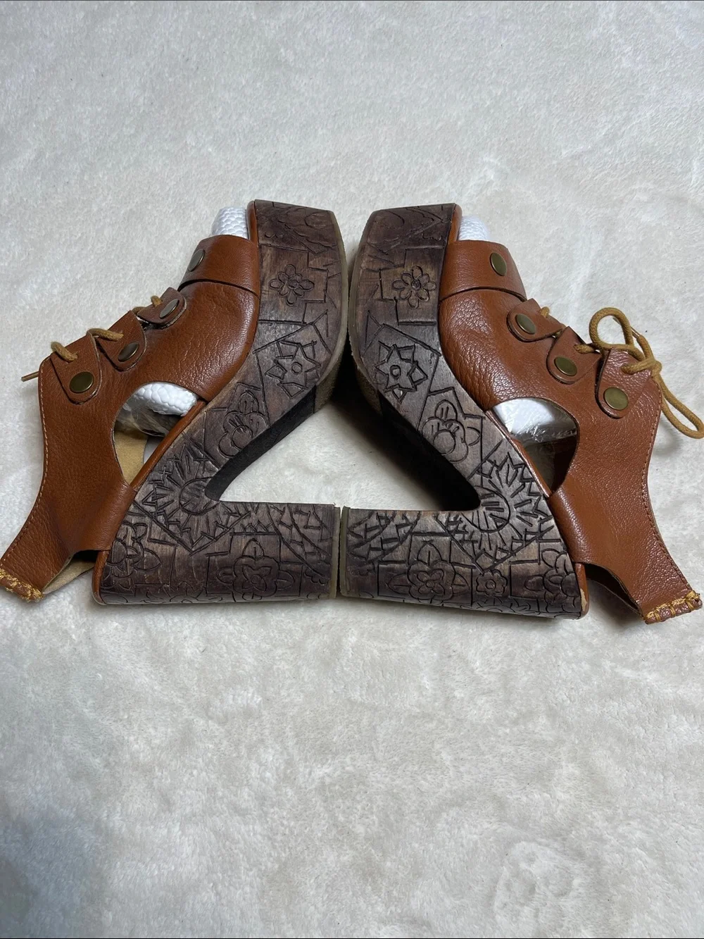 Free People Brown Leather Carved-Wood Platform Sandals Size 37